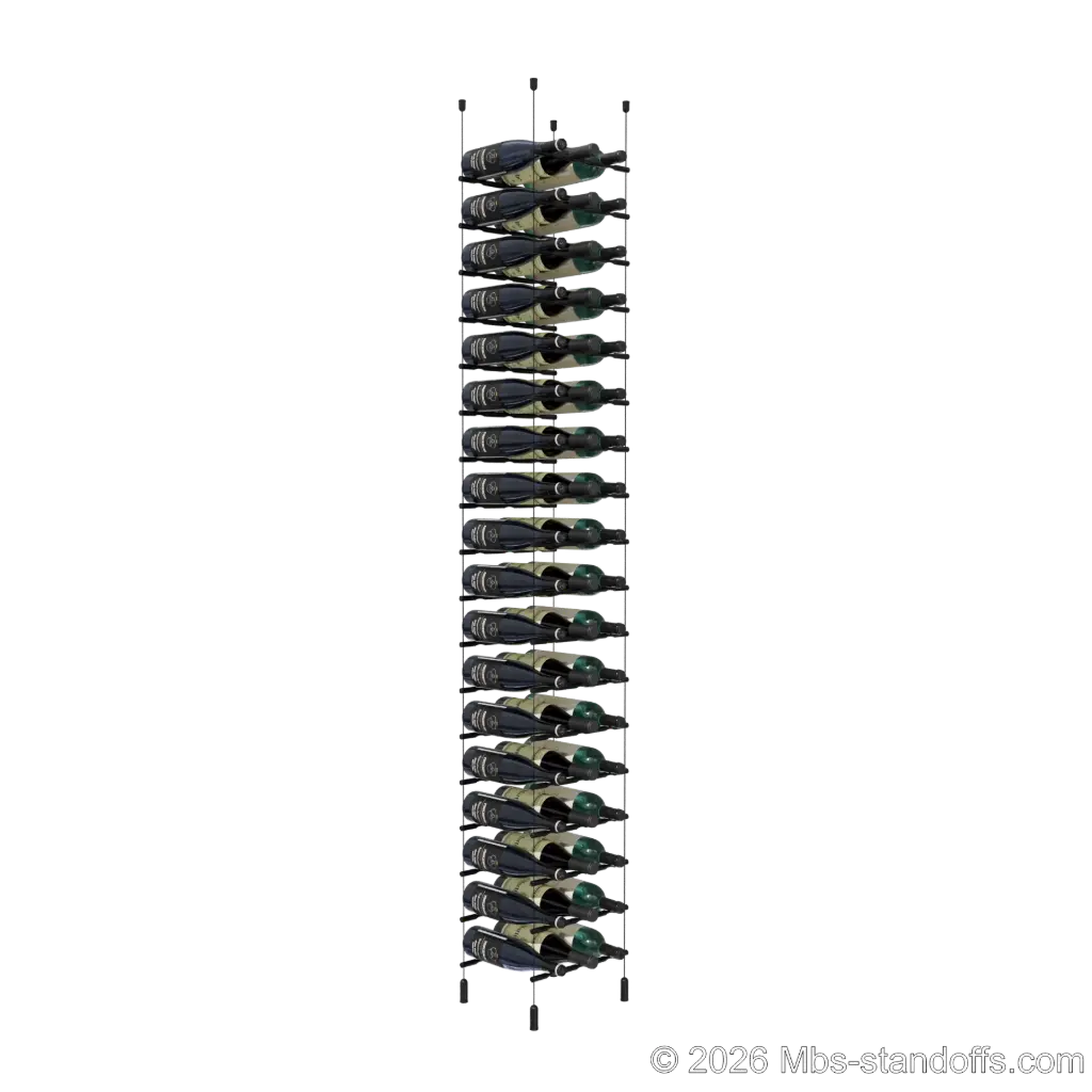 Merlot - Napa Collection Bottle Display Peg Kit, 54-Bottle (3x18) Capacity, Floating Cable System, Pegs: 1/2″ × 11-1/2" with Matte Black Anodized Finish
