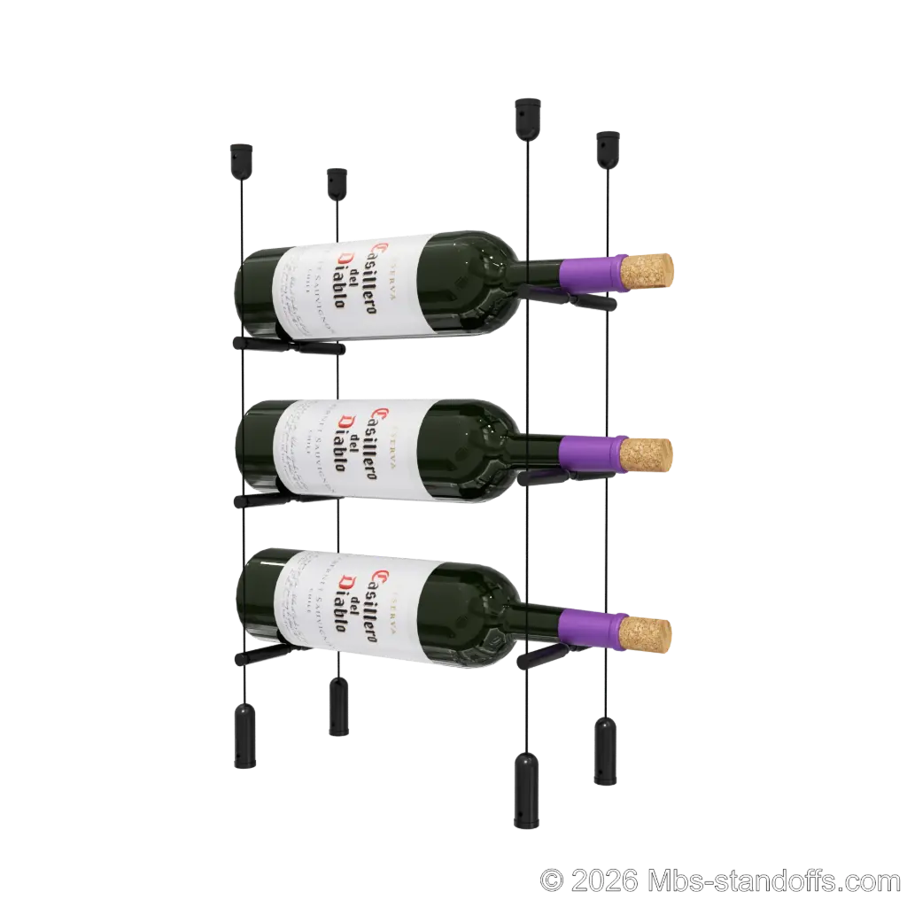 Merlot - Napa Collection Bottle Display Peg Kit With "O" Ring, 3-Bottle Capacity, Floating Cable System, Pegs: 1/2″ × 6" with Matte Black Anodized Finish