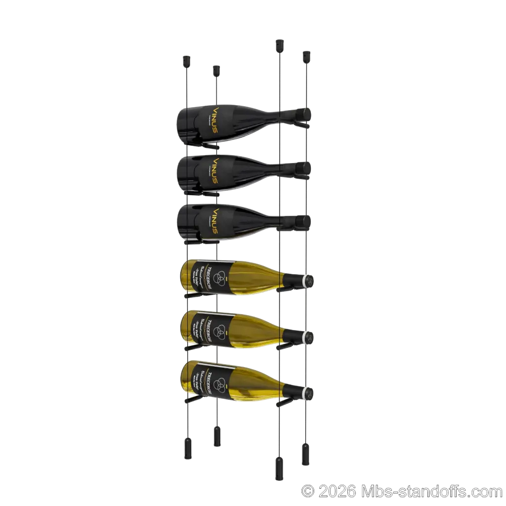 Merlot - Napa Collection Bottle Display Peg Kit With "O" Ring, 6-Bottle Capacity, Floating Cable System, Pegs: 1/2″ × 6" with Matte Black Anodized Finish