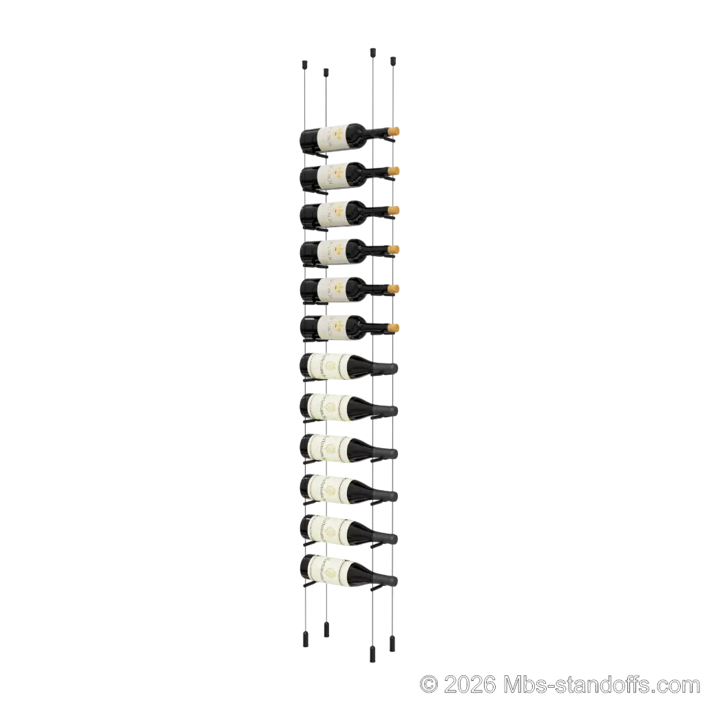 Merlot - Napa Collection Bottle Display Peg Kit With "O" Ring, 12-Bottle Capacity, Floating Cable System, Pegs: 1/2″ × 6" with Matte Black Anodized Finish