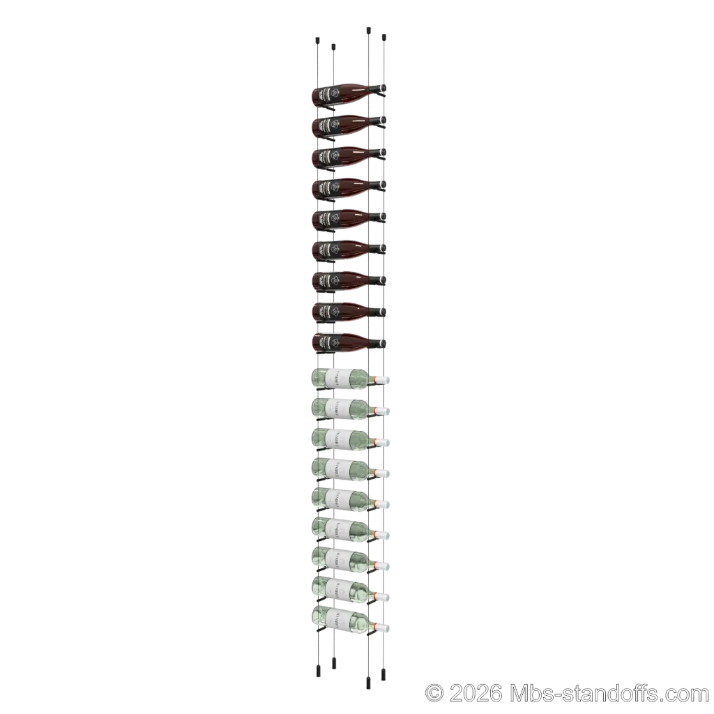 Merlot - Napa Collection Bottle Display Peg Kit With "O" Ring, 18-Bottle Capacity, Floating Cable System, Pegs: 1/2″ × 6" with Matte Black Anodized Finish