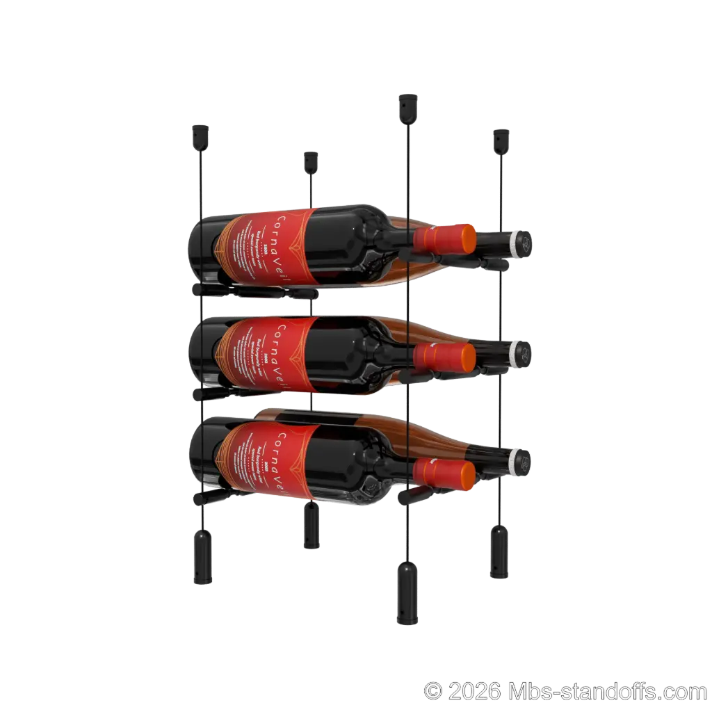 Merlot - Napa Collection Bottle Display Peg Kit With "O" Ring, 6-Bottle (2x3) Capacity, Floating Cable System, Pegs: 1/2″ × 7-1/2" with Matte Black Anodized Finish