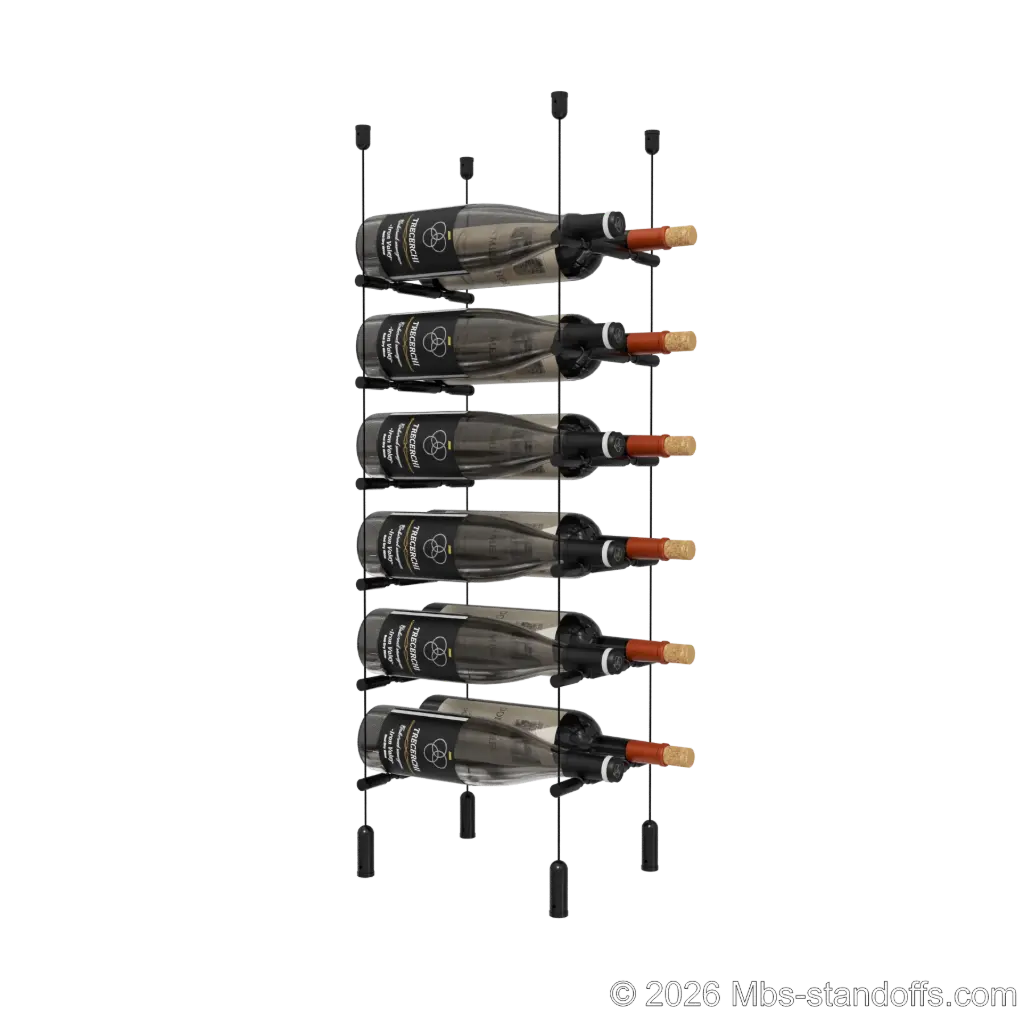 Merlot - Napa Collection Bottle Display Peg Kit With "O" Ring, 12-Bottle (2x6) Capacity, Floating Cable System, Pegs: 1/2″ × 7-1/2" with Matte Black Anodized Finish