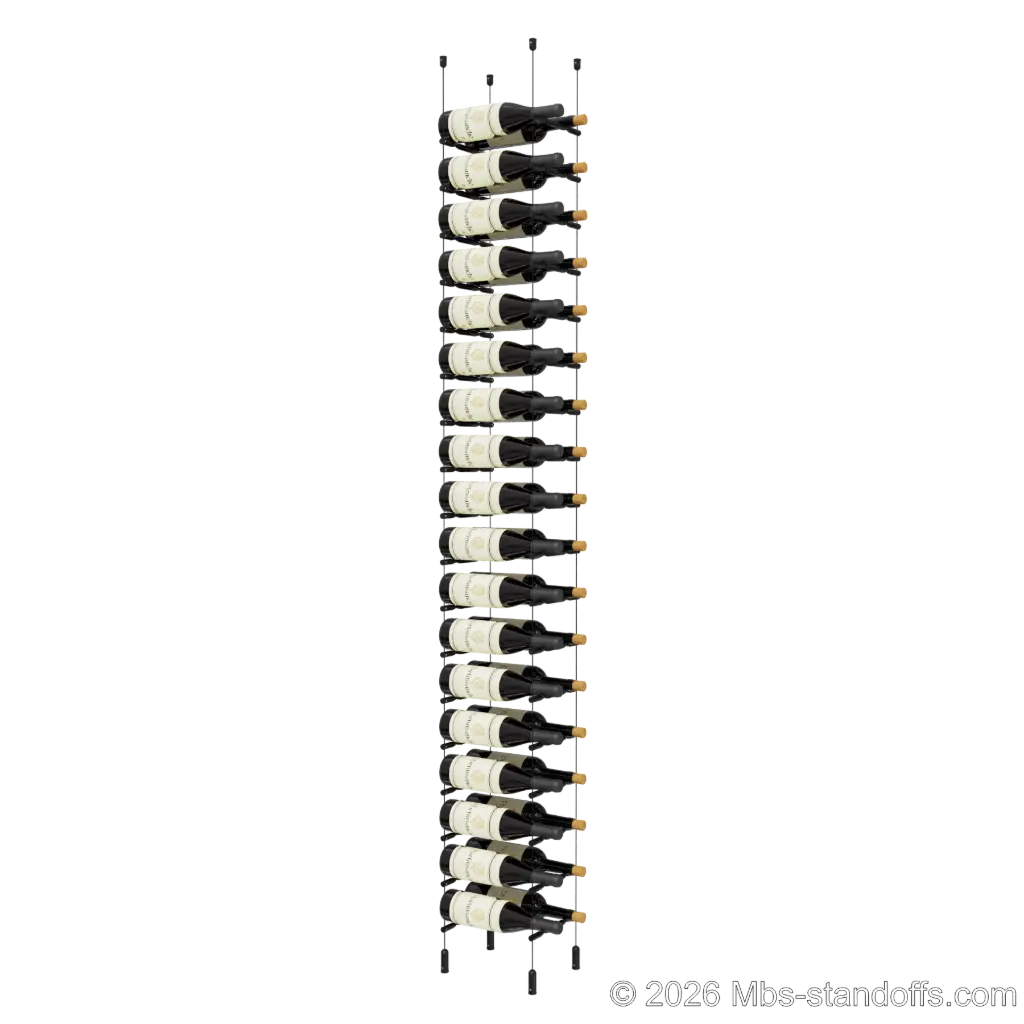 Merlot - Napa Collection Bottle Display Peg Kit With "O" Ring, 36-Bottle (2x18) Capacity, Floating Cable System, Pegs: 1/2″ × 7-1/2" with Matte Black Anodized Finish