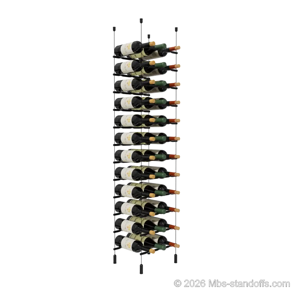 Merlot - Napa Collection Bottle Display Peg Kit With "O" Ring, 36-Bottle (3x12) Capacity, Floating Cable System, Pegs: 1/2″ × 11-1/2" with Matte Black Anodized Finish