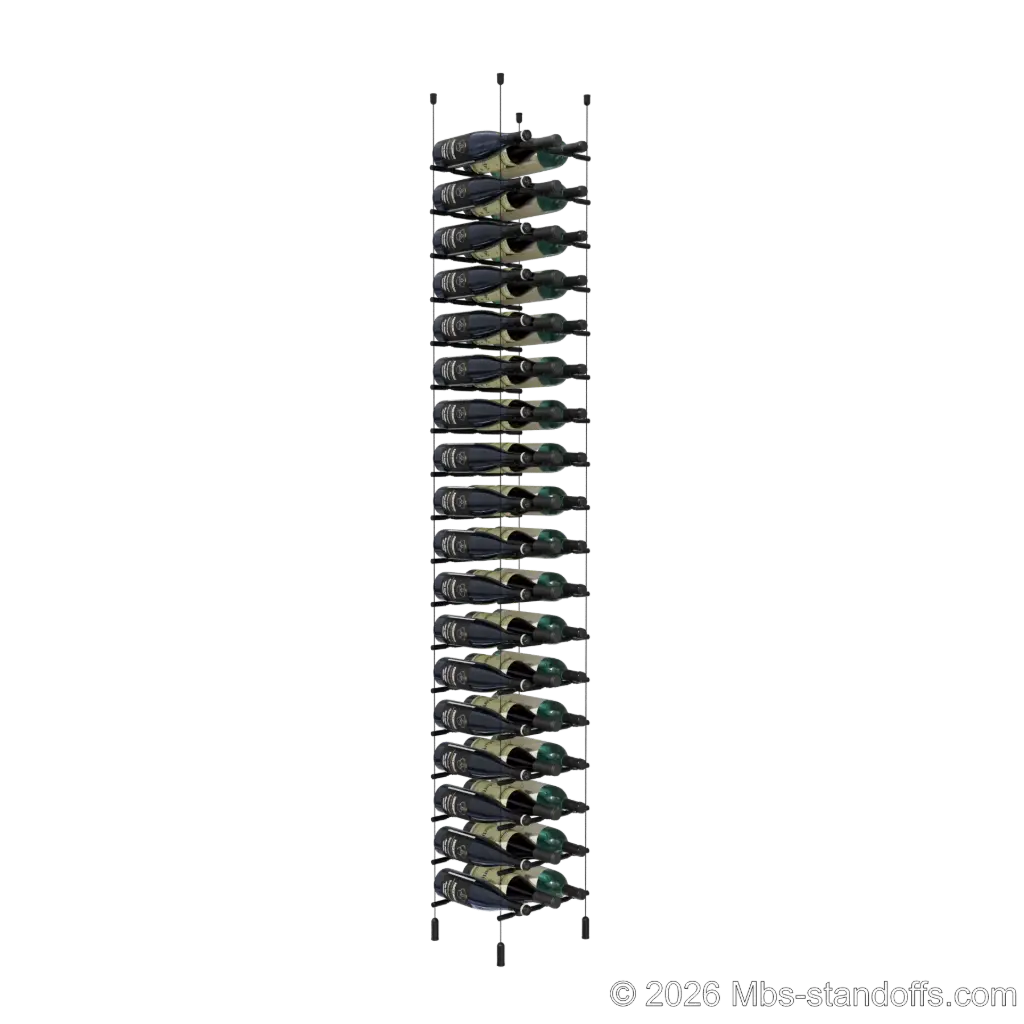 Merlot - Napa Collection Bottle Display Peg Kit With "O" Ring, 54-Bottle (3x18) Capacity, Floating Cable System, Pegs: 1/2″ × 11-1/2" with Matte Black Anodized Finish