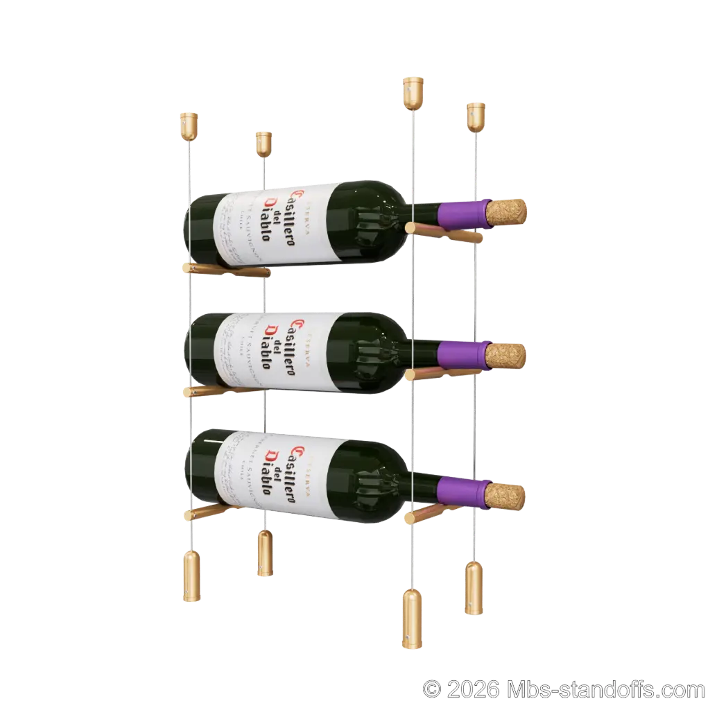Merlot - Napa Collection Bottle Display Peg Kit, 3-Bottle Capacity, Floating Cable System, Pegs: 1/2″ × 6" with Champagne Anodized Finish