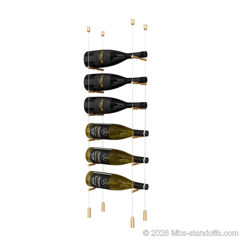 Merlot - Napa Collection Bottle Display Peg Kit, 6-Bottle Capacity, Floating Cable System, Pegs: 1/2″ × 6" with Champagne Anodized Finish