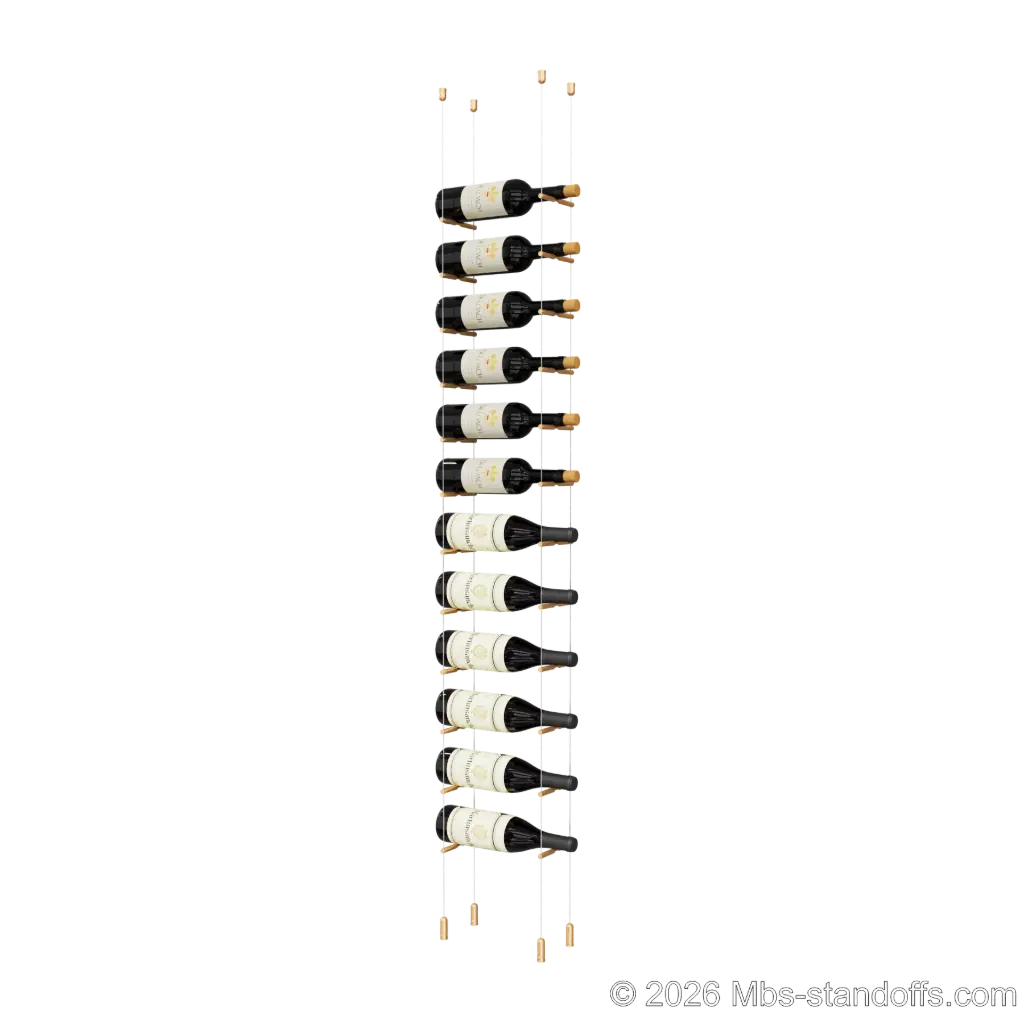 Merlot - Napa Collection Bottle Display Peg Kit, 12-Bottle Capacity, Floating Cable System, Pegs: 1/2″ × 6" with Champagne Anodized Finish