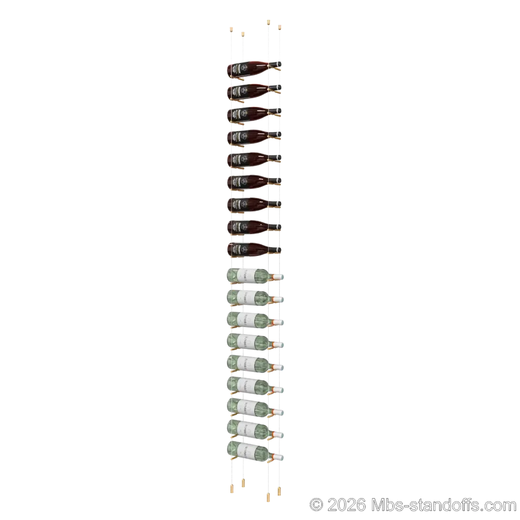 Merlot - Napa Collection Bottle Display Peg Kit, 18-Bottle Capacity, Floating Cable System, Pegs: 1/2″ × 6" with Champagne Anodized Finish