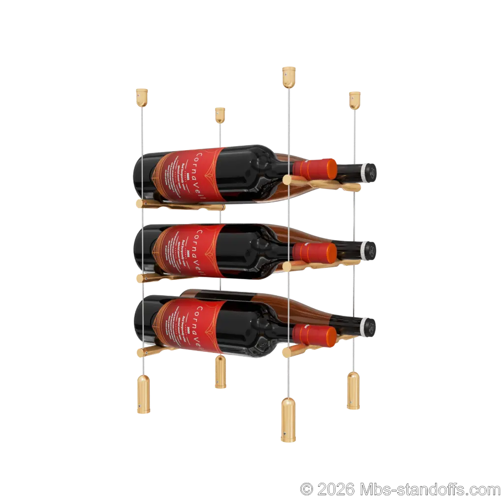 Merlot - Napa Collection Bottle Display Peg Kit, 6-Bottle (2x3) Capacity, Floating Cable System, Pegs: 1/2″ × 7-1/2" with Champagne Anodized Finish