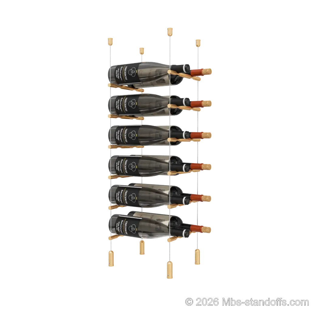Merlot - Napa Collection Bottle Display Peg Kit, 12-Bottle (2x6) Capacity, Floating Cable System, Pegs: 1/2″ × 7-1/2" with Champagne Anodized Finish