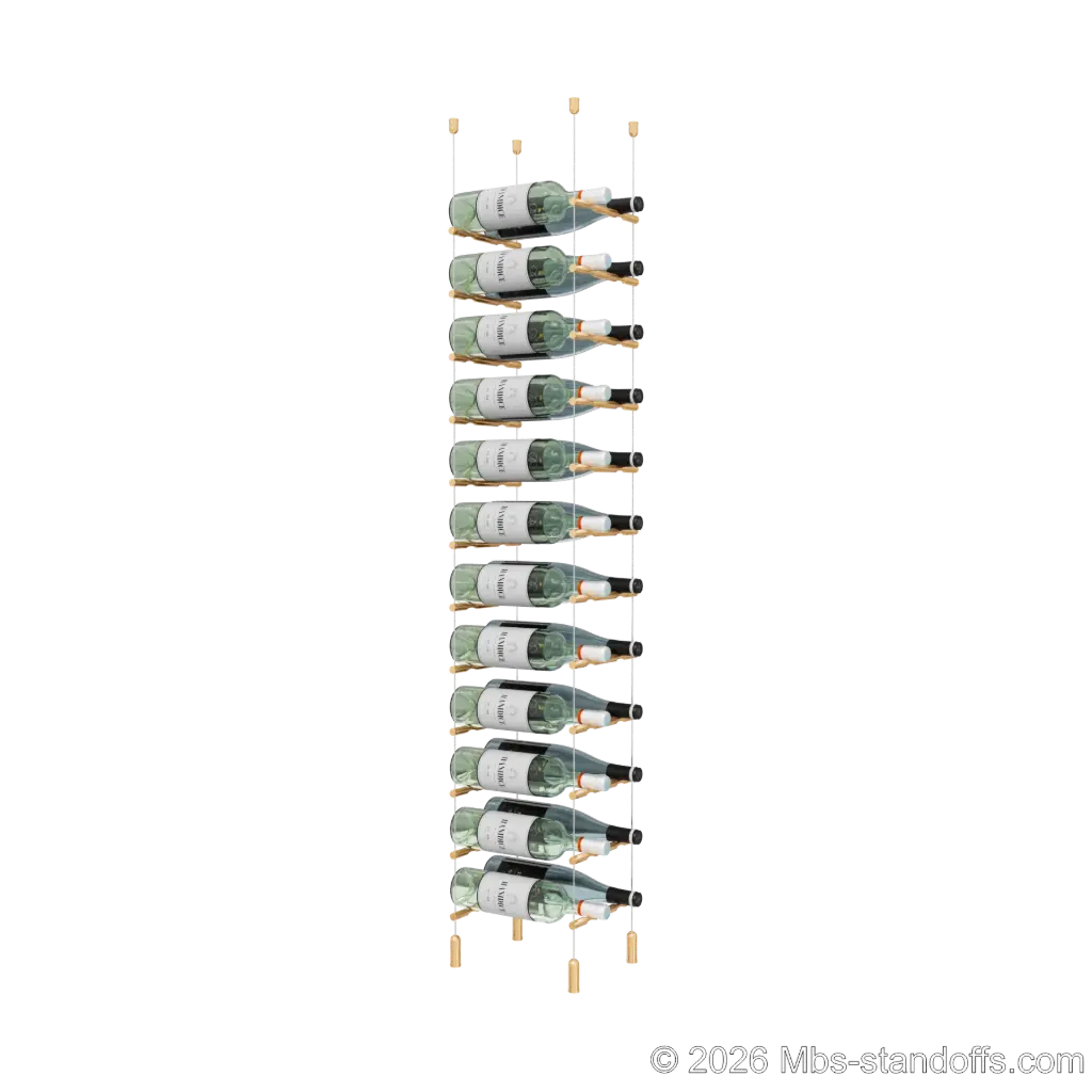 Merlot - Napa Collection Bottle Display Peg Kit, 24-Bottle (2x12) Capacity, Floating Cable System, Pegs: 1/2″ × 7-1/2" with Champagne Anodized Finish