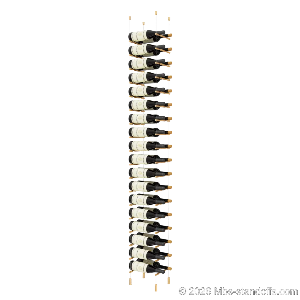 Merlot - Napa Collection Bottle Display Peg Kit, 36-Bottle (2x18) Capacity, Floating Cable System, Pegs: 1/2″ × 7-1/2" with Champagne Anodized Finish