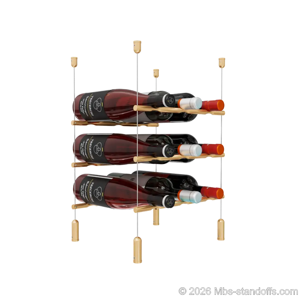 Merlot - Napa Collection Bottle Display Peg Kit, 9-Bottle (3x3) Capacity, Floating Cable System, Pegs: 1/2″ × 11-1/2" with Champagne Anodized Finish