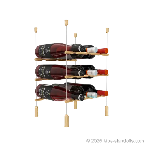[ACG1904BR-PCW3050BR-K3] Merlot - Napa Collection Bottle Display Peg Kit, 9-Bottle (3x3) Capacity, Floating Cable System, Pegs: 1/2″ × 11-1/2" with Champagne Anodized Finish