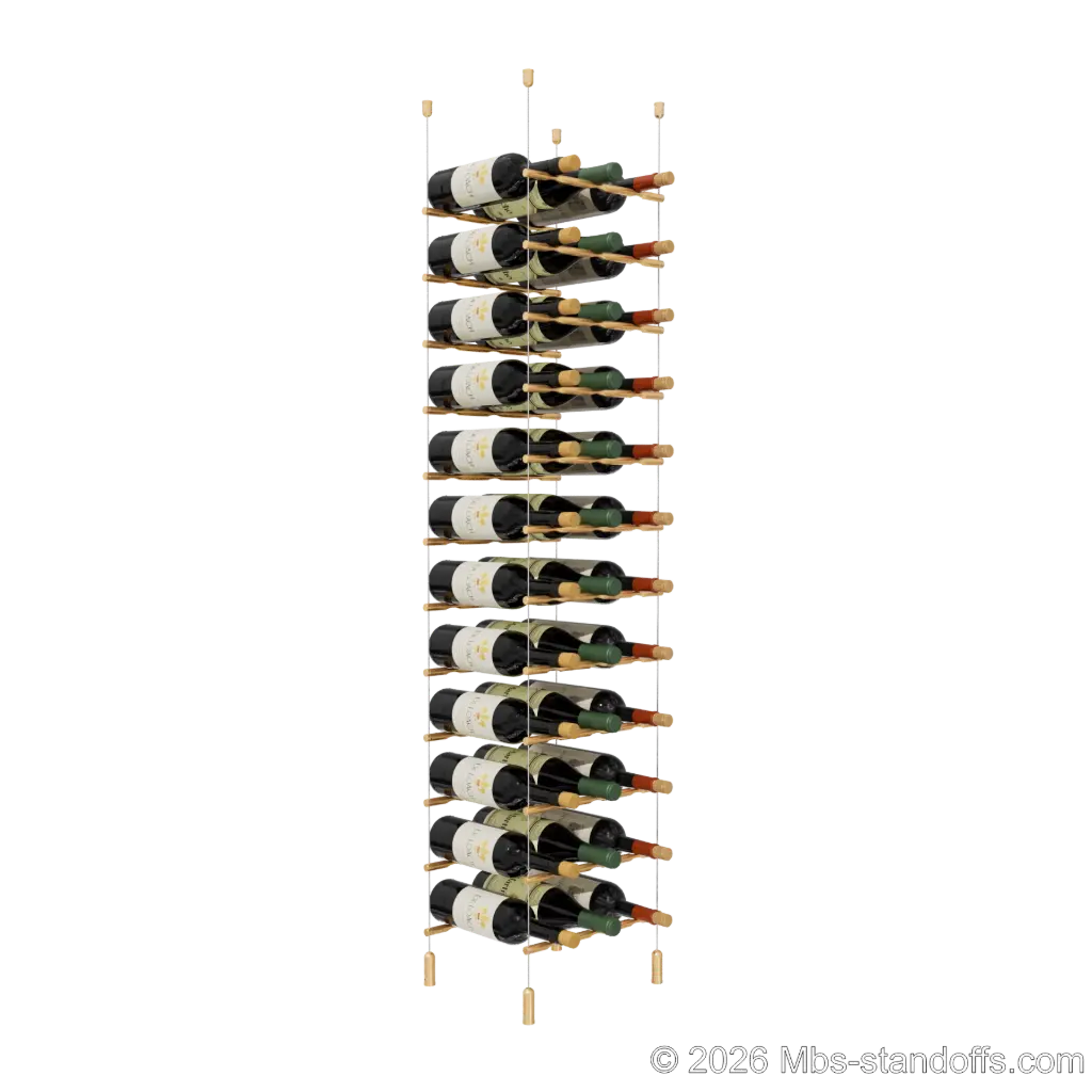 Merlot - Napa Collection Bottle Display Peg Kit, 36-Bottle (3x12) Capacity, Floating Cable System, Pegs: 1/2″ × 11-1/2" with Champagne Anodized Finish