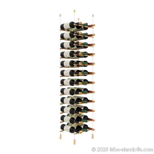 [ACG1904BR-PCW3050BR-K12] Merlot - Napa Collection Bottle Display Peg Kit, 36-Bottle (3x12) Capacity, Floating Cable System, Pegs: 1/2″ × 11-1/2" with Champagne Anodized Finish