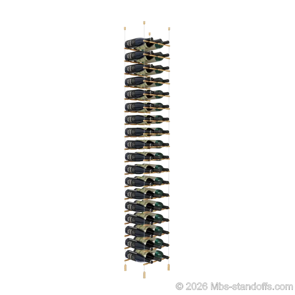 Merlot - Napa Collection Bottle Display Peg Kit, 54-Bottle (3x18) Capacity, Floating Cable System, Pegs: 1/2″ × 11-1/2" with Champagne Anodized Finish
