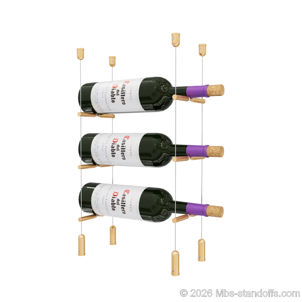 Merlot - Napa Collection Bottle Display Peg Kit With "O" Ring, 3-Bottle Capacity, Floating Cable System, Pegs: 1/2″ × 6" with Champagne Anodized Finish