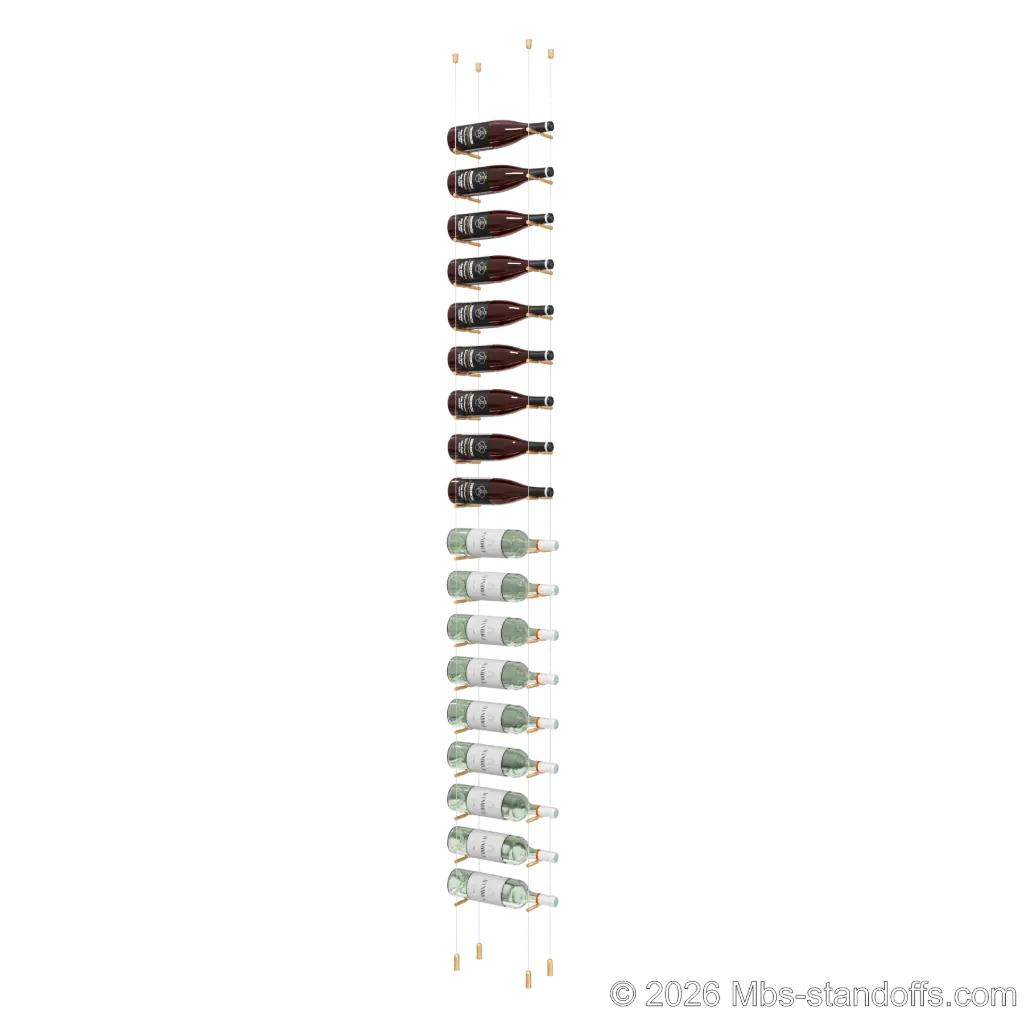 Merlot - Napa Collection Bottle Display Peg Kit With "O" Ring, 18-Bottle Capacity, Floating Cable System, Pegs: 1/2″ × 6" with Champagne Anodized Finish