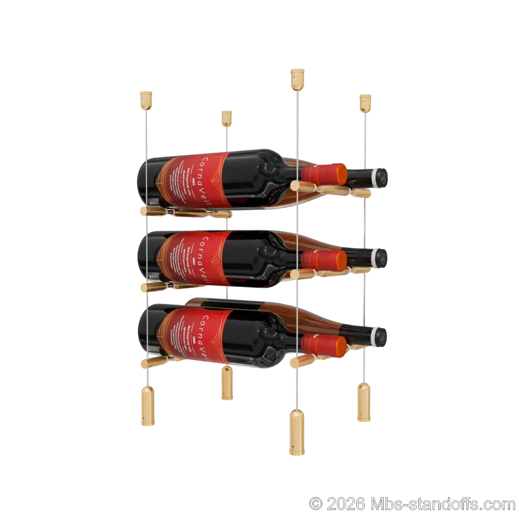 Merlot - Napa Collection Bottle Display Peg Kit With "O" Ring, 6-Bottle (2x3) Capacity, Floating Cable System, Pegs: 1/2″ × 7-1/2" with Champagne Anodized Finish