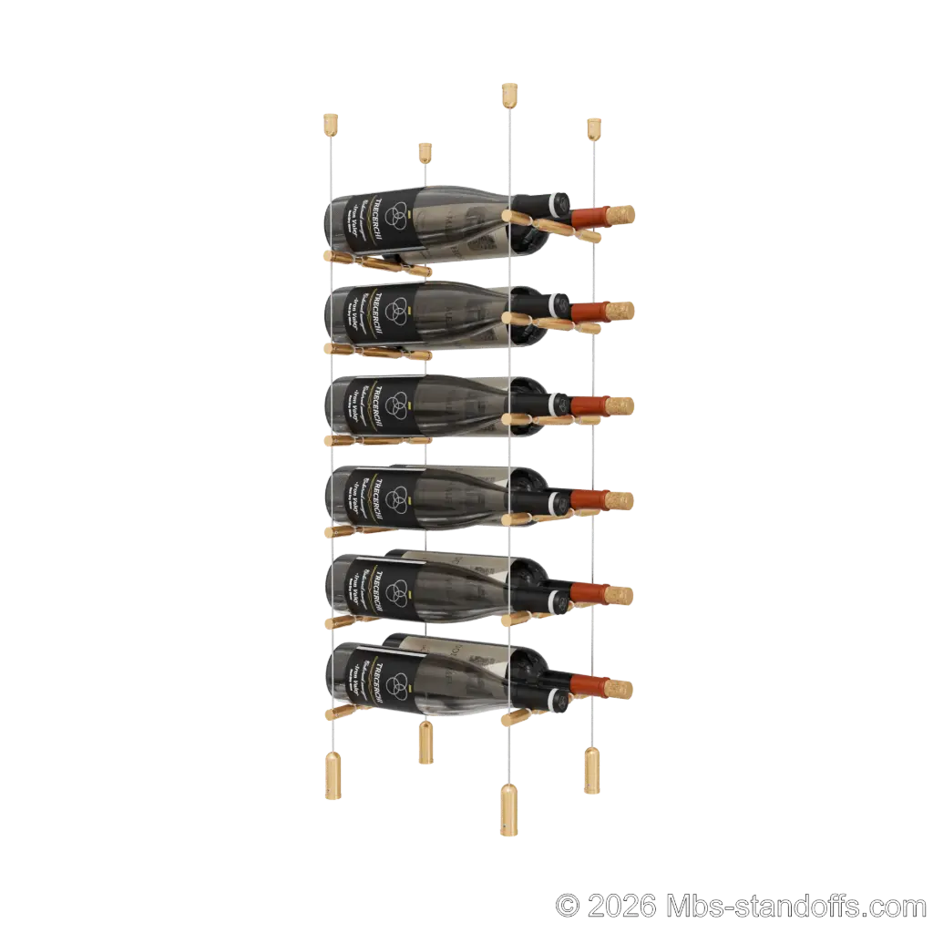 Merlot - Napa Collection Bottle Display Peg Kit With "O" Ring, 12-Bottle (2x6) Capacity, Floating Cable System, Pegs: 1/2″ × 7-1/2" with Champagne Anodized Finish