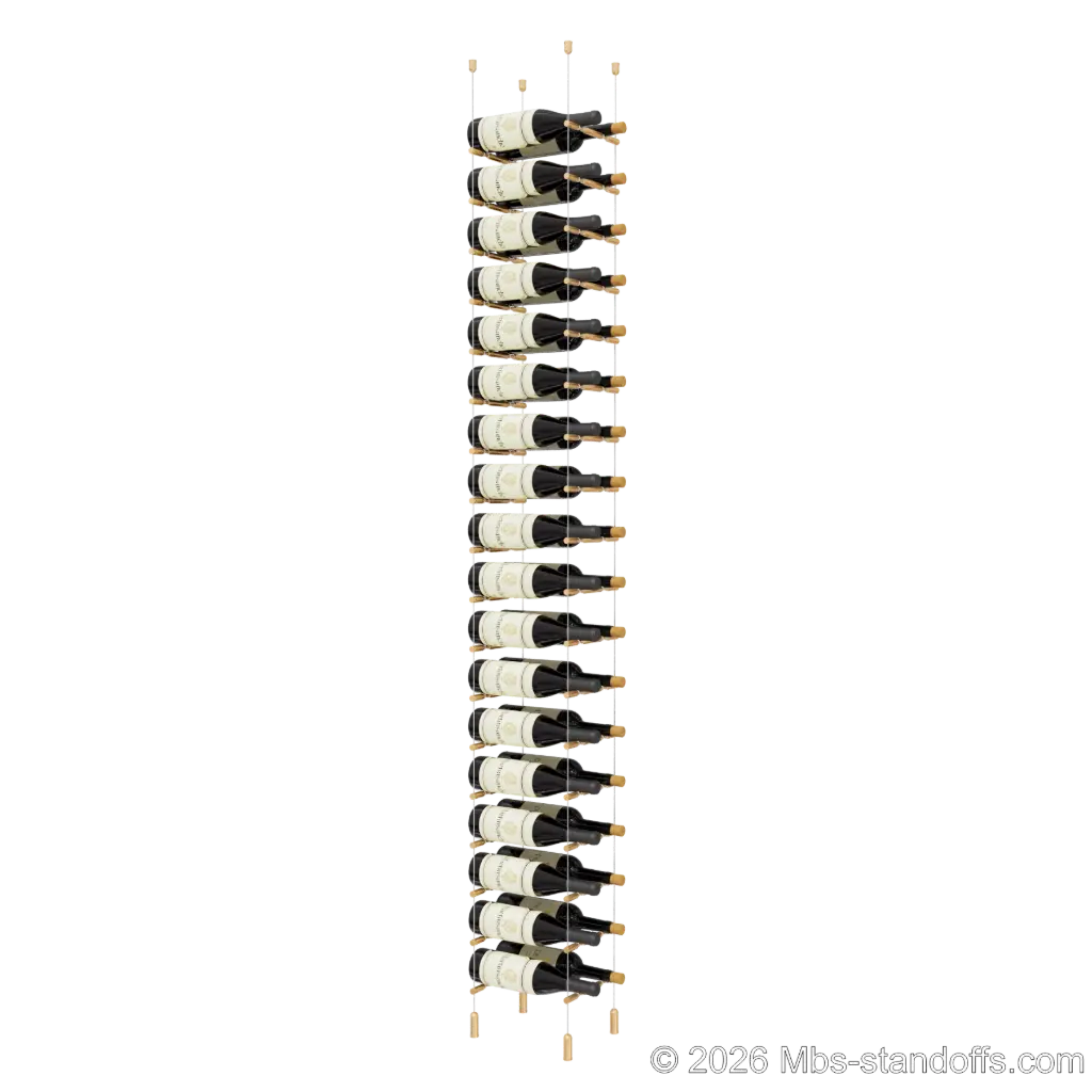 Merlot - Napa Collection Bottle Display Peg Kit With "O" Ring, 36-Bottle (2x18) Capacity, Floating Cable System, Pegs: 1/2″ × 7-1/2" with Champagne Anodized Finish