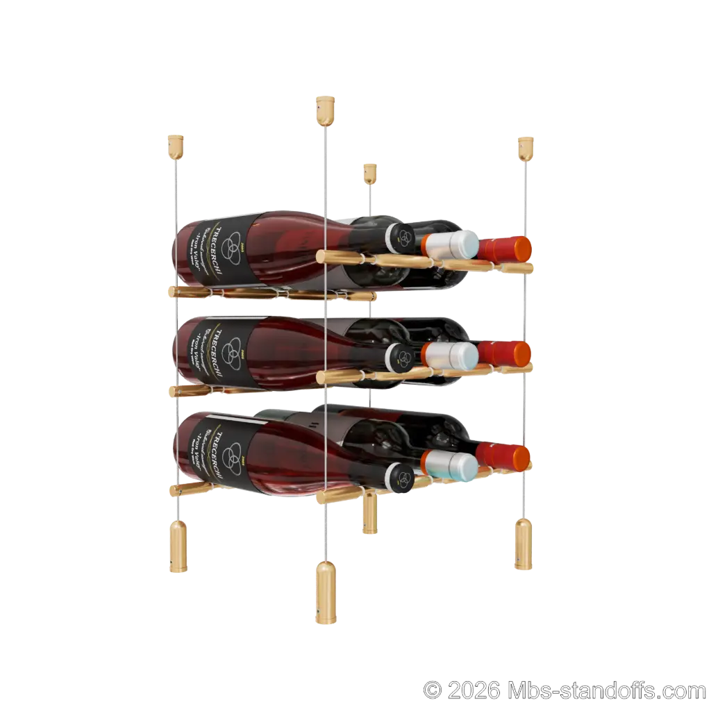 Merlot - Napa Collection Bottle Display Peg Kit With "O" Ring, 9-Bottle (3x3) Capacity, Floating Cable System, Pegs: 1/2″ × 11-1/2" with Champagne Anodized Finish