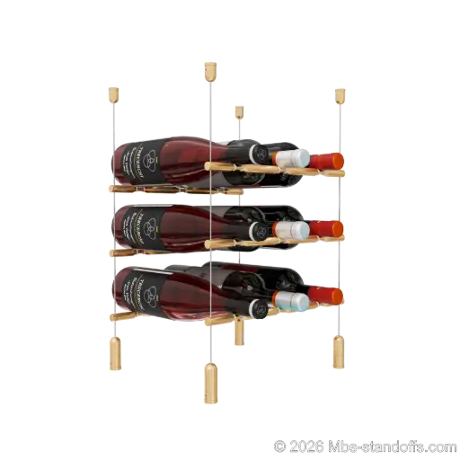 [ACG1904BR-PCWR3050BR-K3] Merlot - Napa Collection Bottle Display Peg Kit With "O" Ring, 9-Bottle (3x3) Capacity, Floating Cable System, Pegs: 1/2″ × 11-1/2" with Champagne Anodized Finish
