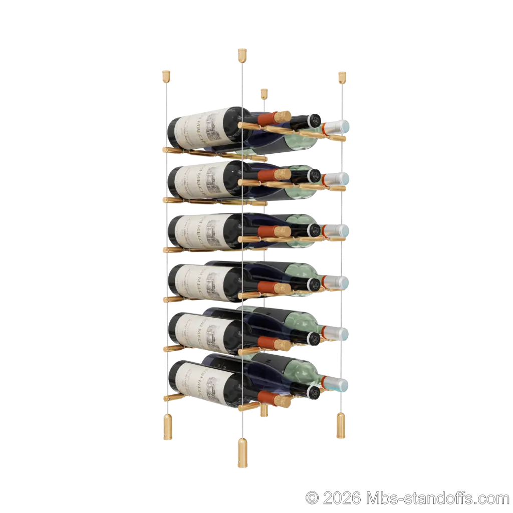Merlot - Napa Collection Bottle Display Peg Kit With "O" Ring, 18-Bottle (3x6) Capacity, Floating Cable System, Pegs: 1/2″ × 11-1/2" with Champagne Anodized Finish