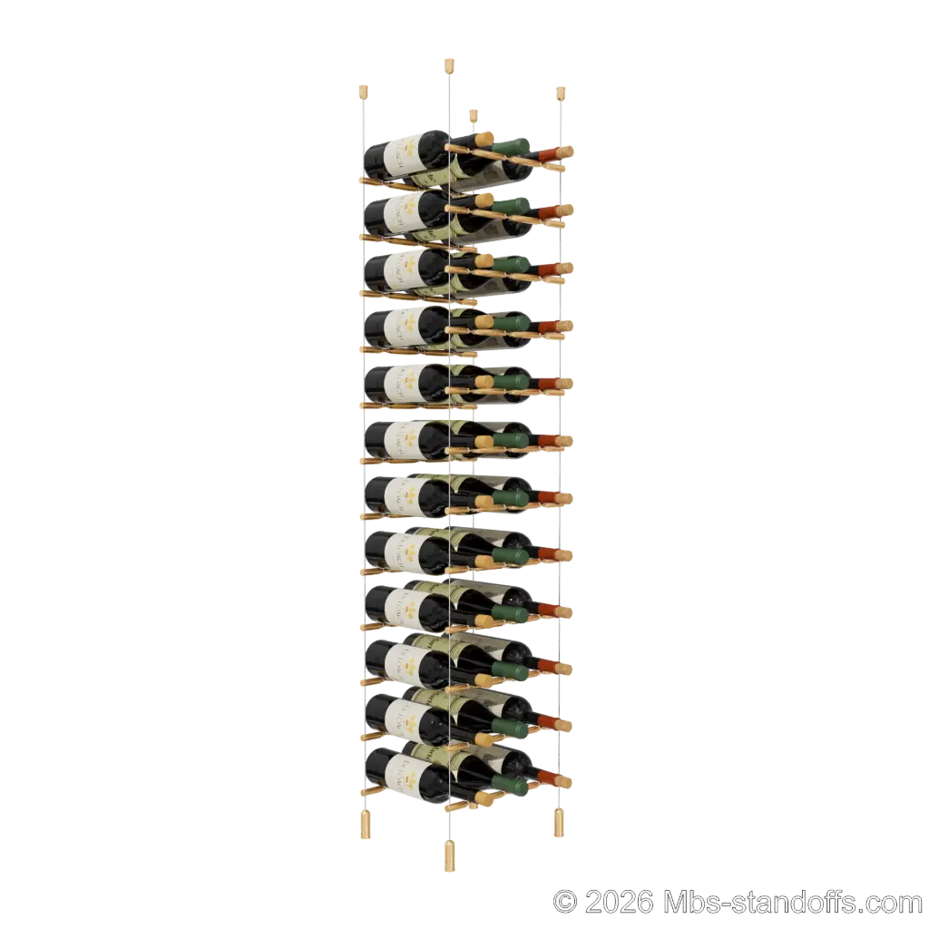 Merlot - Napa Collection Bottle Display Peg Kit With "O" Ring, 36-Bottle (3x12) Capacity, Floating Cable System, Pegs: 1/2″ × 11-1/2" with Champagne Anodized Finish
