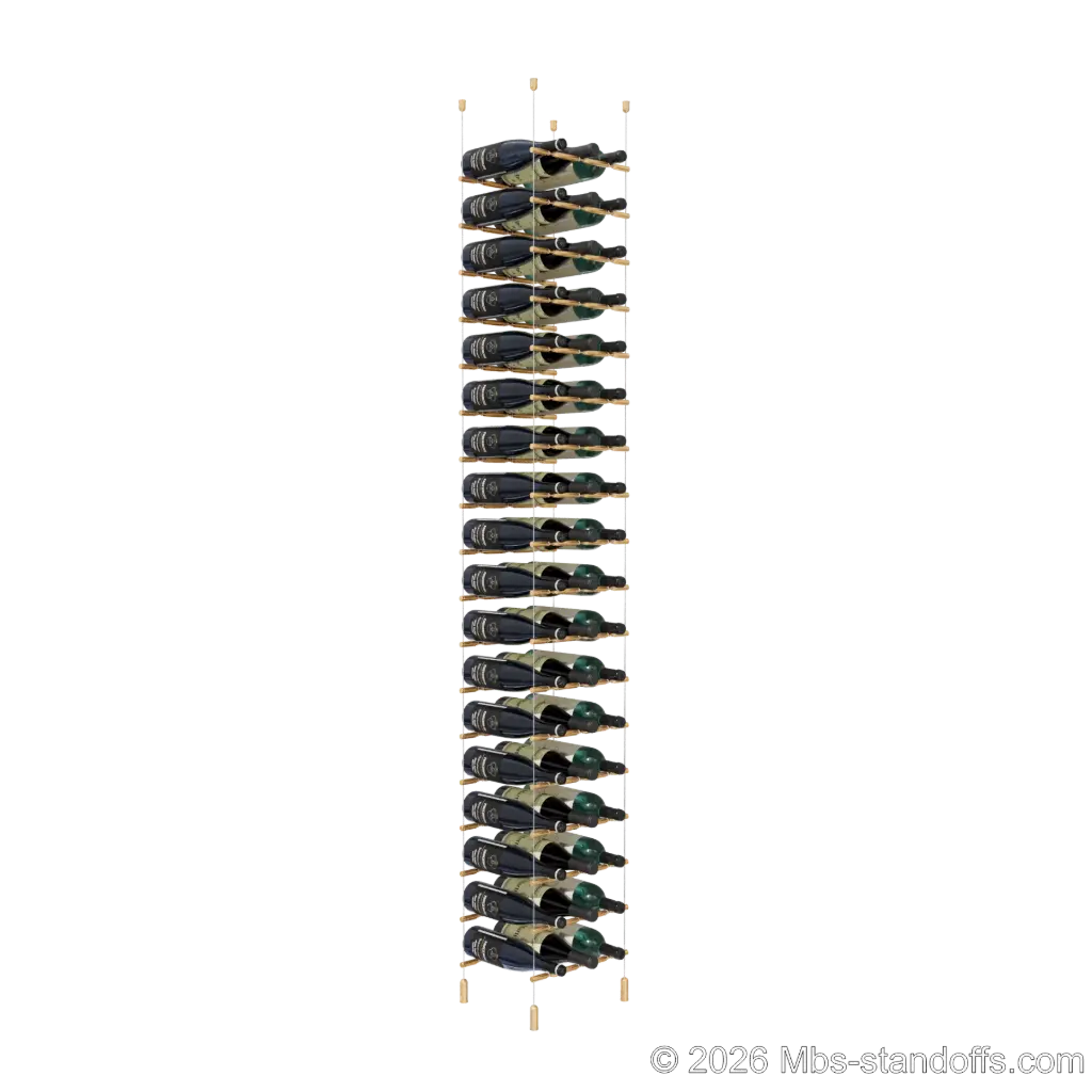 Merlot - Napa Collection Bottle Display Peg Kit With "O" Ring, 54-Bottle (3x18) Capacity, Floating Cable System, Pegs: 1/2″ × 11-1/2" with Champagne Anodized Finish