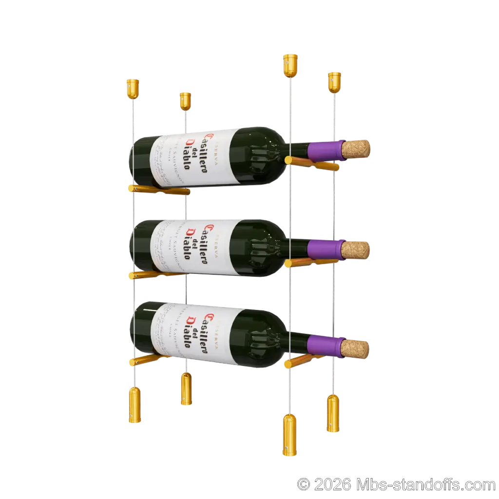 Merlot - Napa Collection Bottle Display Peg Kit, 3-Bottle Capacity, Floating Cable System, Pegs: 1/2″ × 6" with Gold Anodized Finish