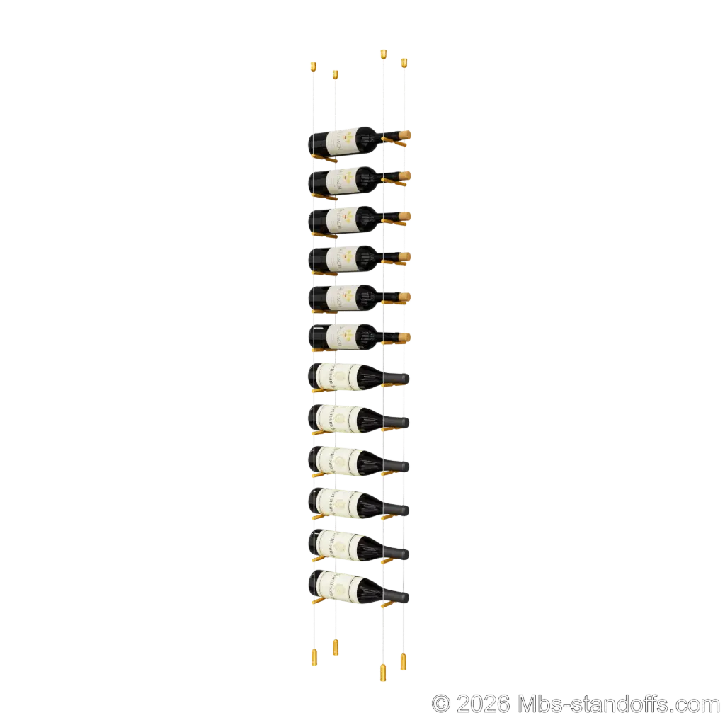 Merlot - Napa Collection Bottle Display Peg Kit, 12-Bottle Capacity, Floating Cable System, Pegs: 1/2″ × 6" with Gold Anodized Finish
