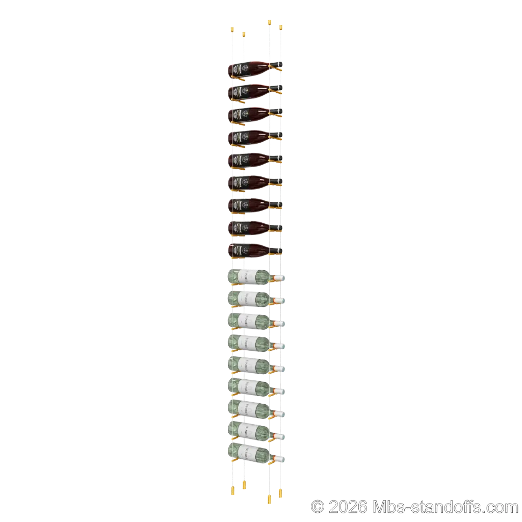 Merlot - Napa Collection Bottle Display Peg Kit, 18-Bottle Capacity, Floating Cable System, Pegs: 1/2″ × 6" with Gold Anodized Finish