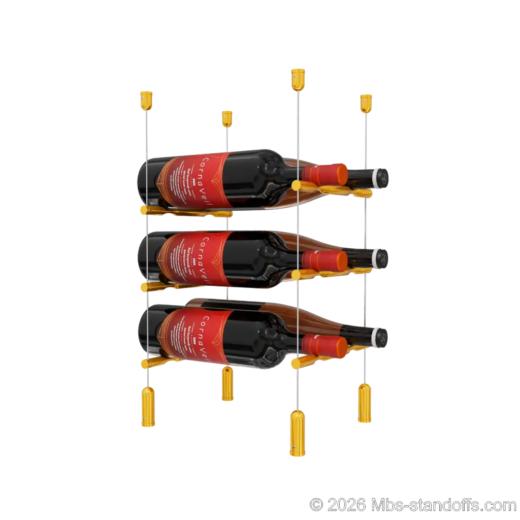 Merlot - Napa Collection Bottle Display Peg Kit, 6-Bottle (2x3) Capacity, Floating Cable System, Pegs: 1/2″ × 7-1/2" with Gold Anodized Finish