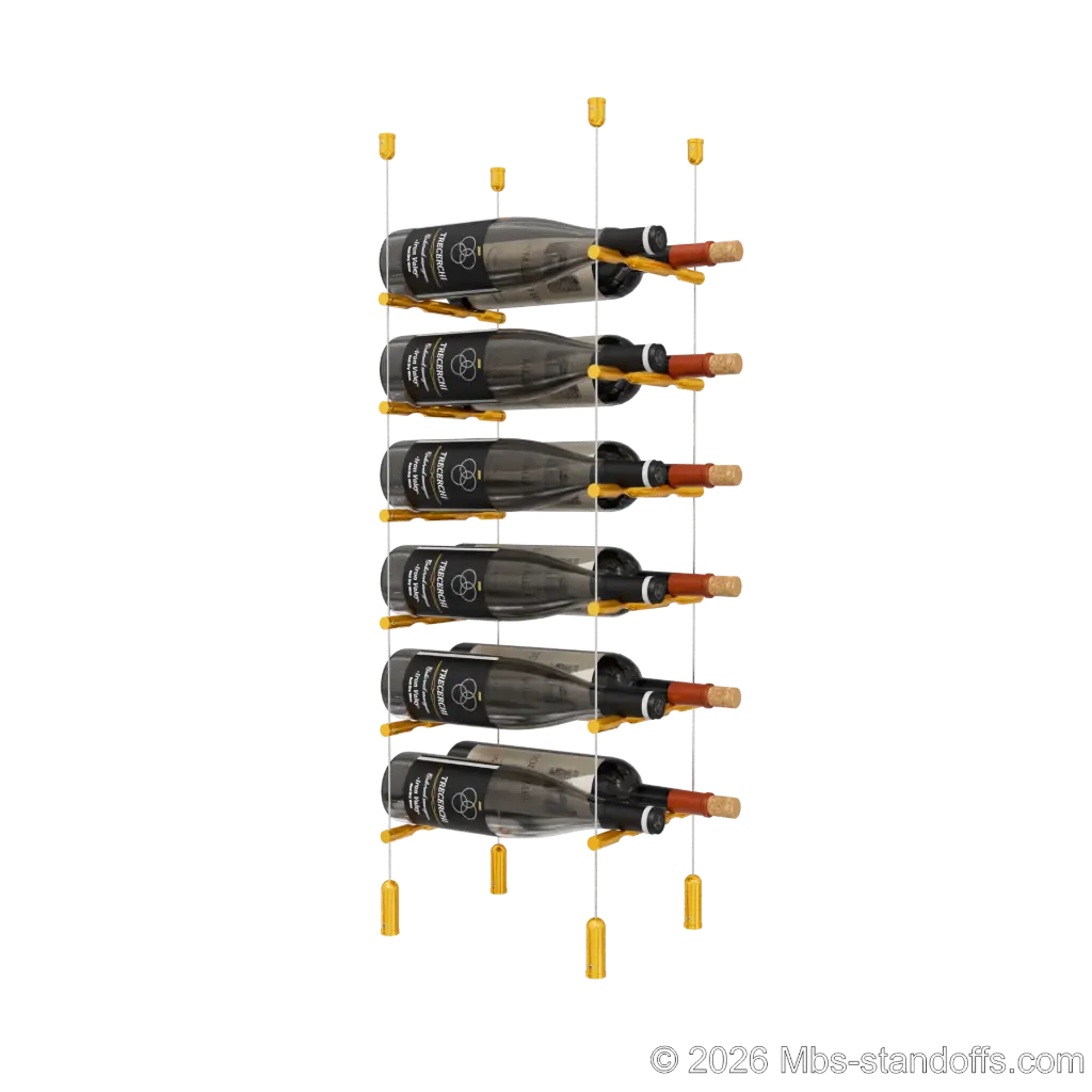 Merlot - Napa Collection Bottle Display Peg Kit, 12-Bottle (2x6) Capacity, Floating Cable System, Pegs: 1/2″ × 7-1/2" with Gold Anodized Finish
