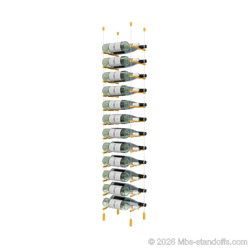 Merlot - Napa Collection Bottle Display Peg Kit, 24-Bottle (2x12) Capacity, Floating Cable System, Pegs: 1/2″ × 7-1/2" with Gold Anodized Finish