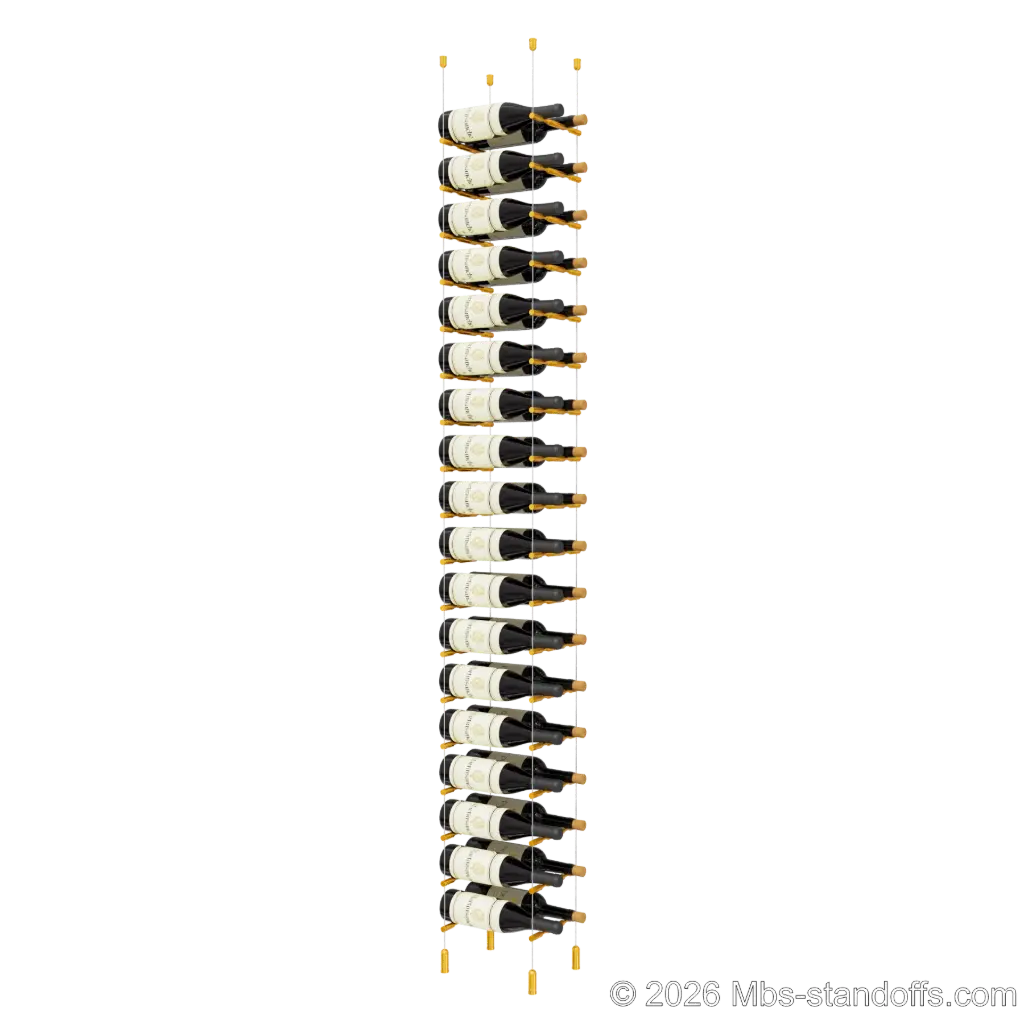 Merlot - Napa Collection Bottle Display Peg Kit, 36-Bottle (2x18) Capacity, Floating Cable System, Pegs: 1/2″ × 7-1/2" with Gold Anodized Finish