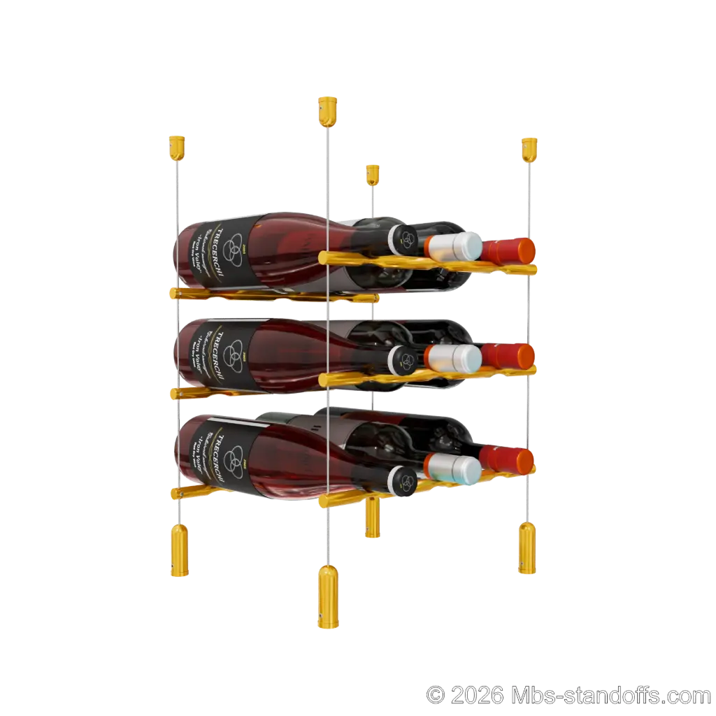Merlot - Napa Collection Bottle Display Peg Kit, 9-Bottle (3x3) Capacity, Floating Cable System, Pegs: 1/2″ × 11-1/2" with Gold Anodized Finish