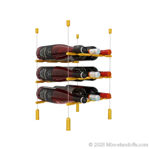 [ACG1904G-PCW3050G-K3] Merlot - Napa Collection Bottle Display Peg Kit, 9-Bottle (3x3) Capacity, Floating Cable System, Pegs: 1/2″ × 11-1/2" with Gold Anodized Finish