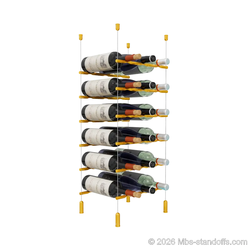 Merlot - Napa Collection Bottle Display Peg Kit, 18-Bottle (3x6) Capacity, Floating Cable System, Pegs: 1/2″ × 11-1/2" with Gold Anodized Finish