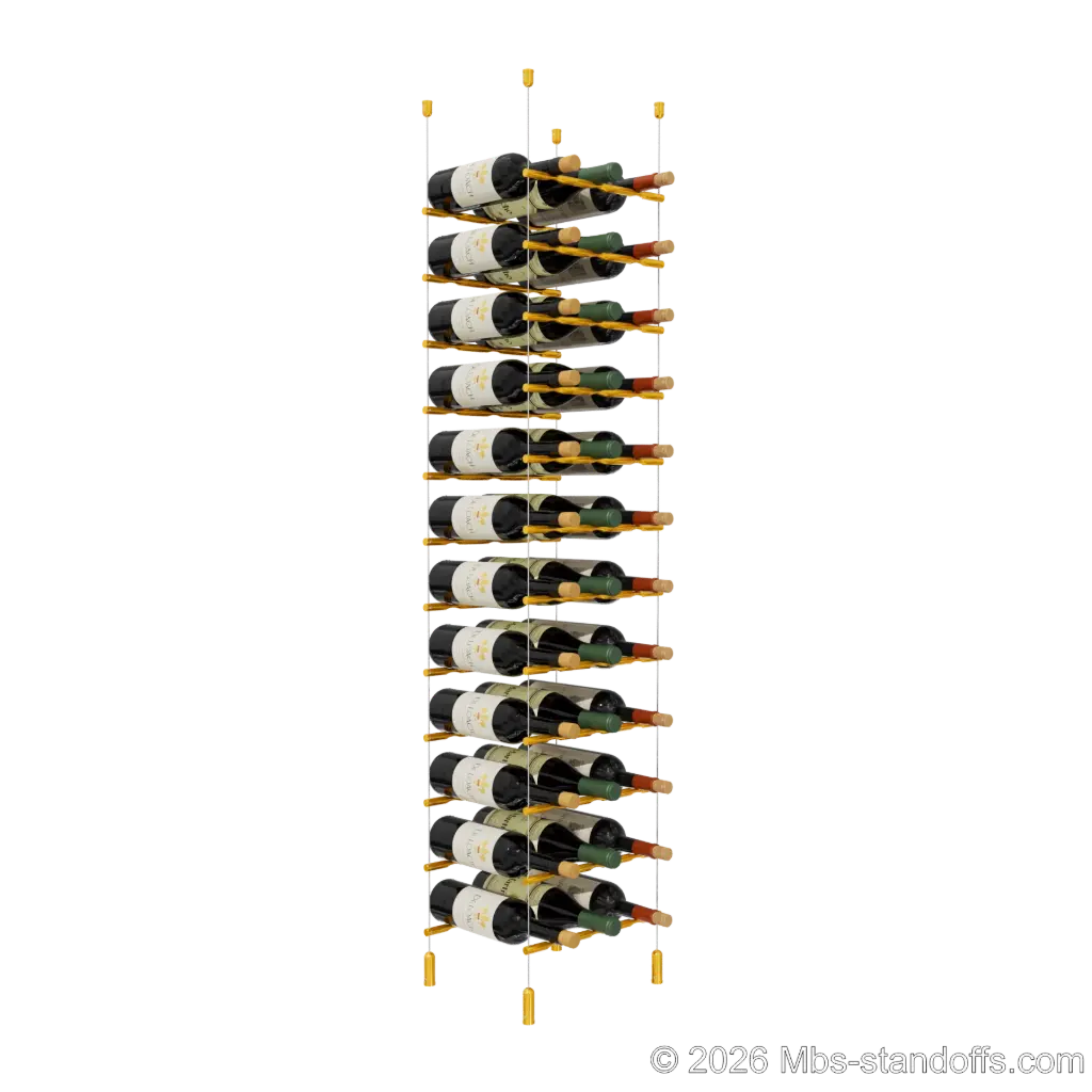 Merlot - Napa Collection Bottle Display Peg Kit, 36-Bottle (3x12) Capacity, Floating Cable System, Pegs: 1/2″ × 11-1/2" with Gold Anodized Finish