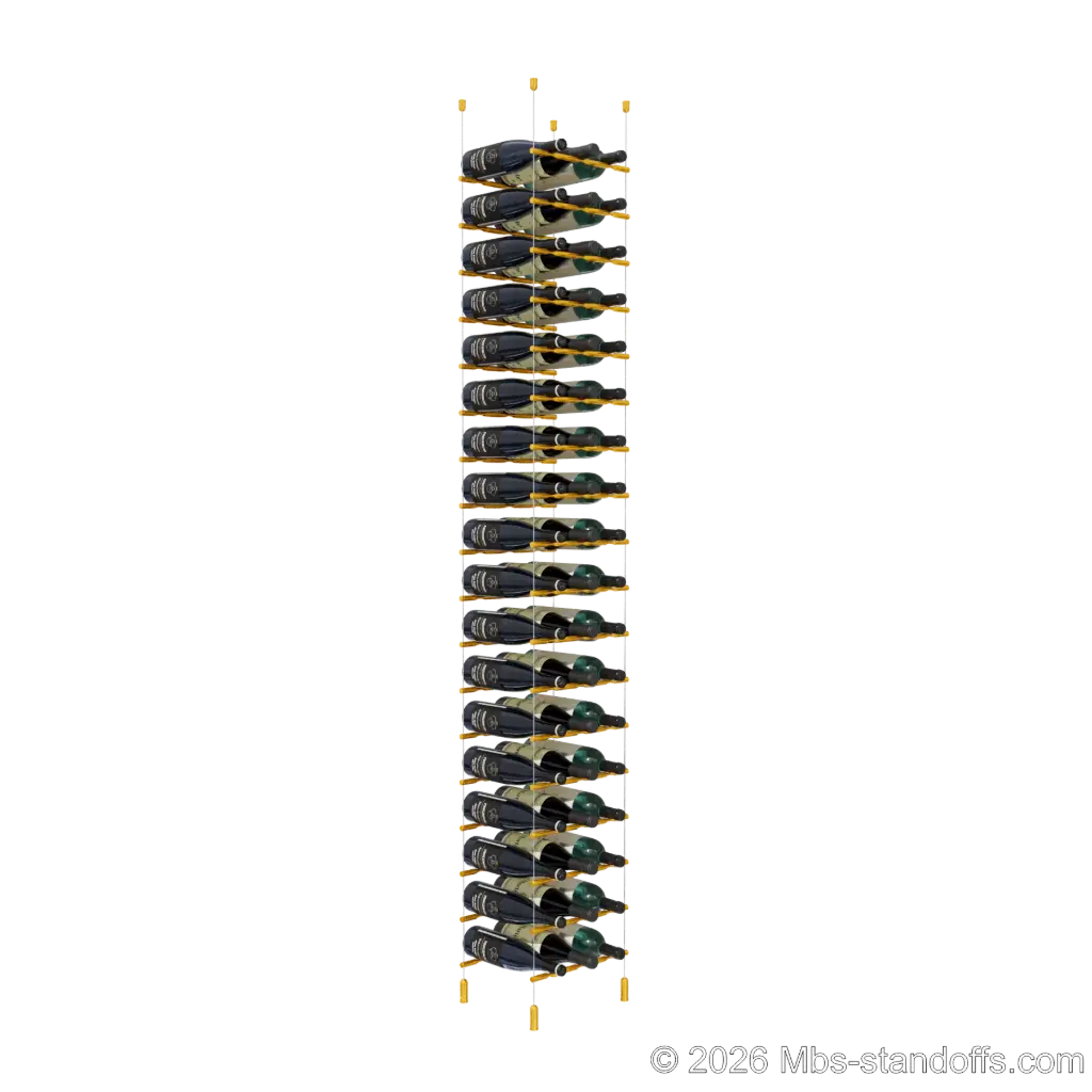 Merlot - Napa Collection Bottle Display Peg Kit, 54-Bottle (3x18) Capacity, Floating Cable System, Pegs: 1/2″ × 11-1/2" with Gold Anodized Finish