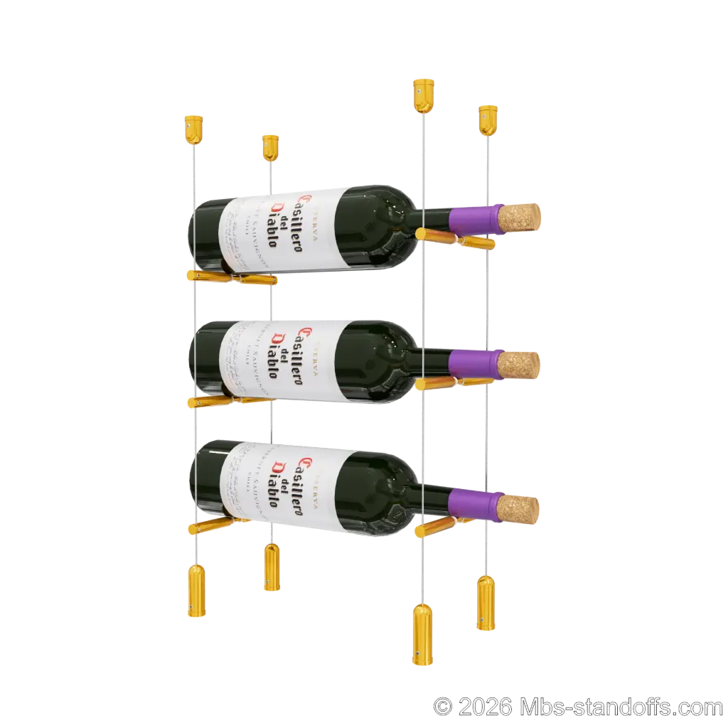 Merlot - Napa Collection Bottle Display Peg Kit With "O" Ring, 3-Bottle Capacity, Floating Cable System, Pegs: 1/2″ × 6" with Gold Anodized Finish