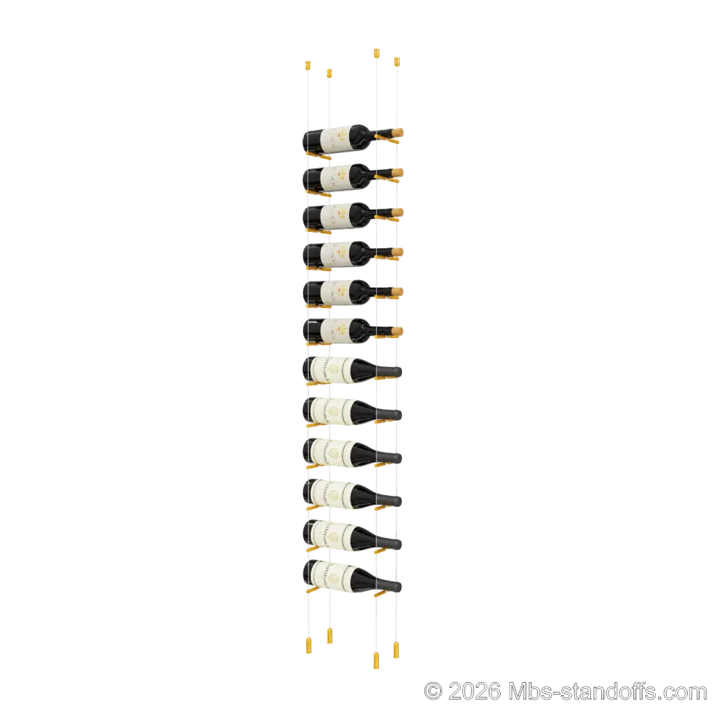Merlot - Napa Collection Bottle Display Peg Kit With "O" Ring, 12-Bottle Capacity, Floating Cable System, Pegs: 1/2″ × 6" with Gold Anodized Finish