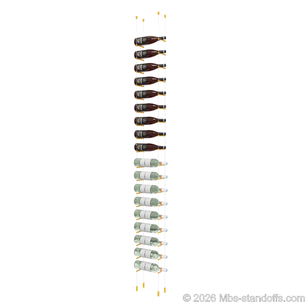 Merlot - Napa Collection Bottle Display Peg Kit With "O" Ring, 18-Bottle Capacity, Floating Cable System, Pegs: 1/2″ × 6" with Gold Anodized Finish