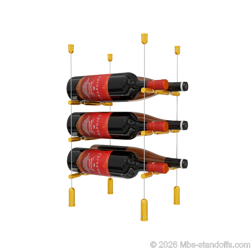 Merlot - Napa Collection Bottle Display Peg Kit With "O" Ring, 6-Bottle (2x3) Capacity, Floating Cable System, Pegs: 1/2″ × 7-1/2" with Gold Anodized Finish