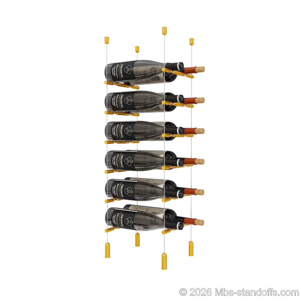 Merlot - Napa Collection Bottle Display Peg Kit With "O" Ring, 12-Bottle (2x6) Capacity, Floating Cable System, Pegs: 1/2″ × 7-1/2" with Gold Anodized Finish